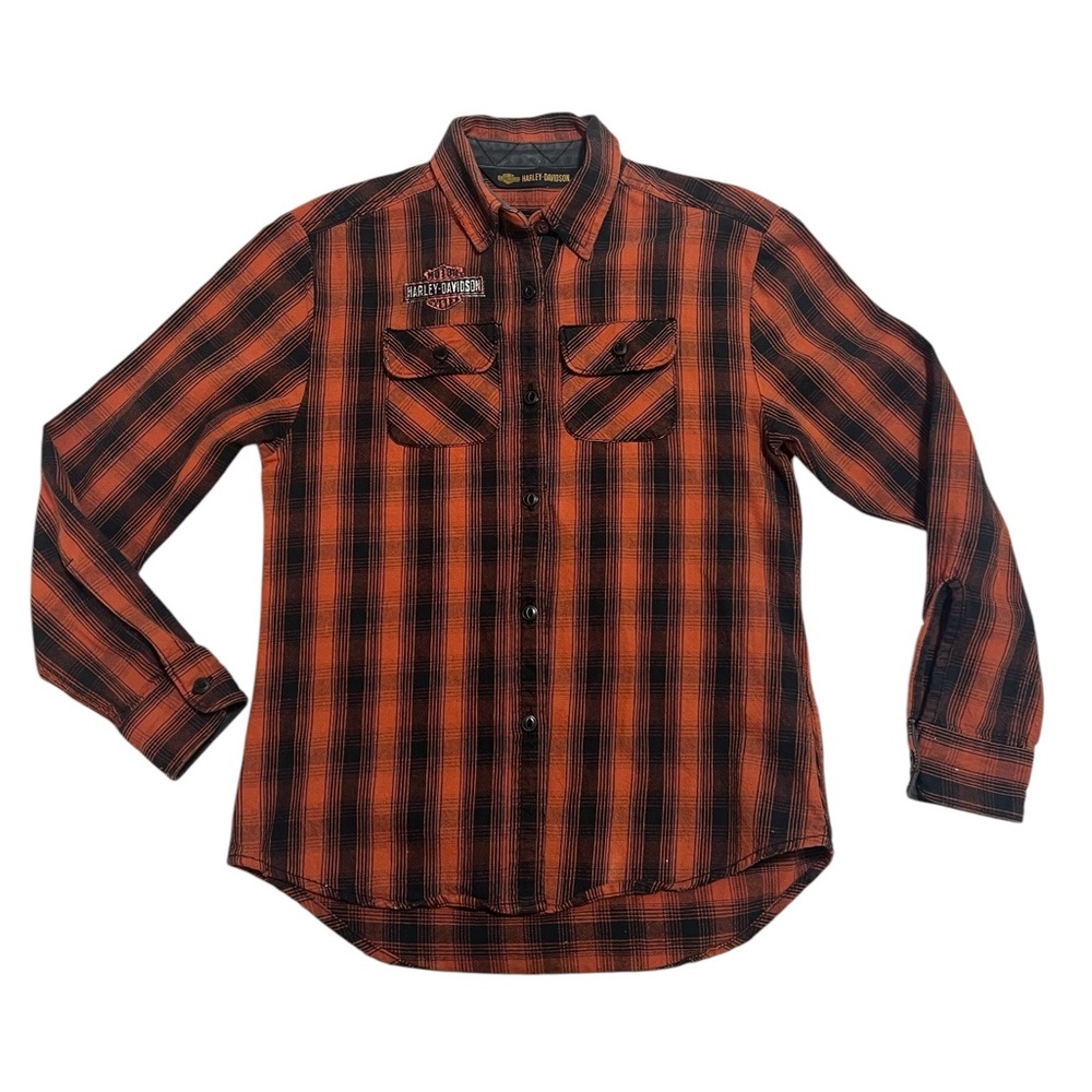 HARLEY DAVIDSON Plaid Button Down Shirt HD Logo Orange Black Women’s Size XS